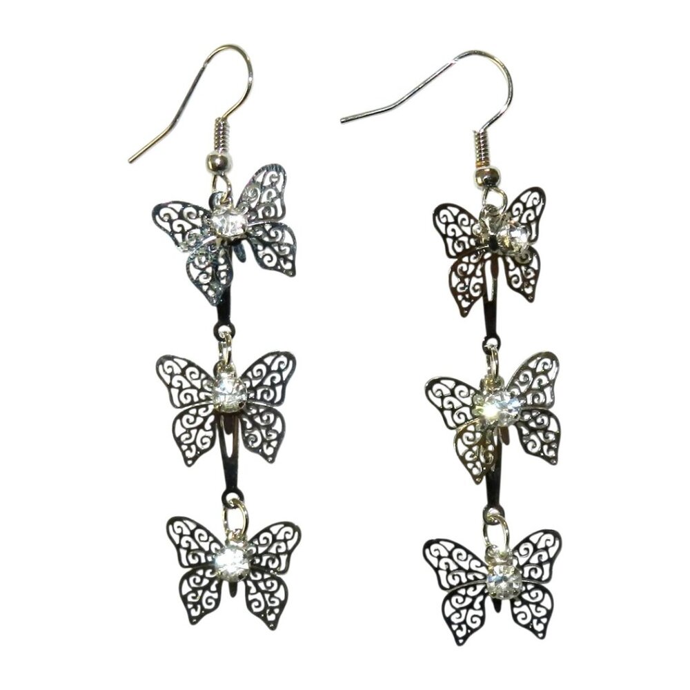 Mixed Media Laser-Cut Metal & Crystal Silver Dangle Fishhook Earrings E378